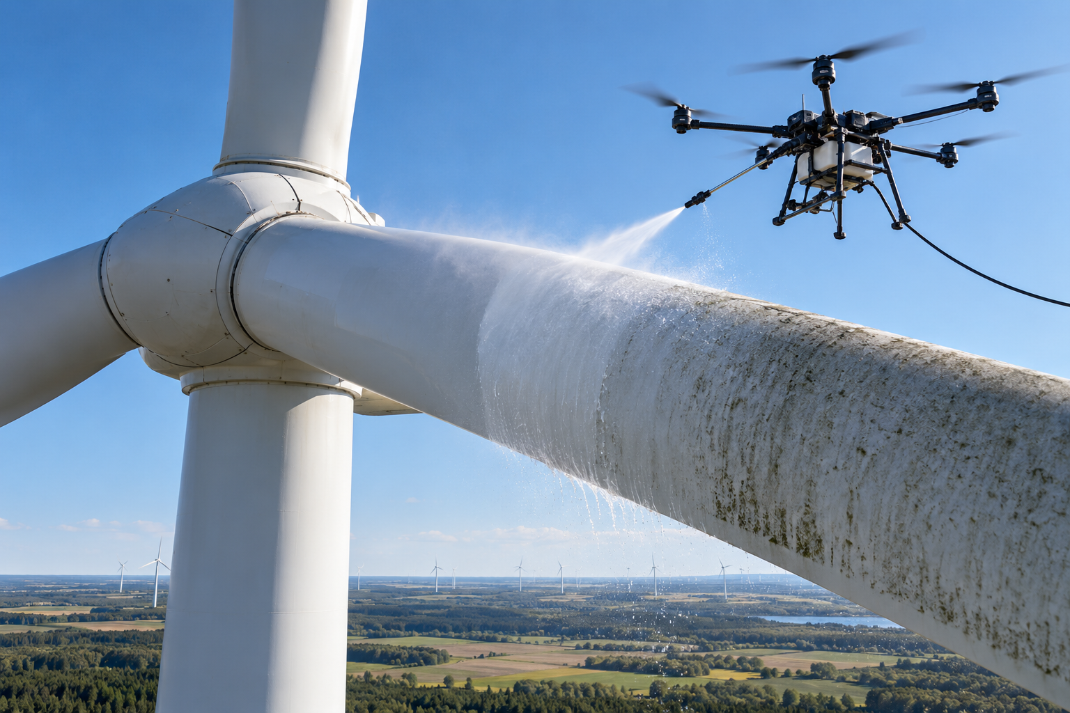 Concept visualization of UAV wind turbine blade cleaning